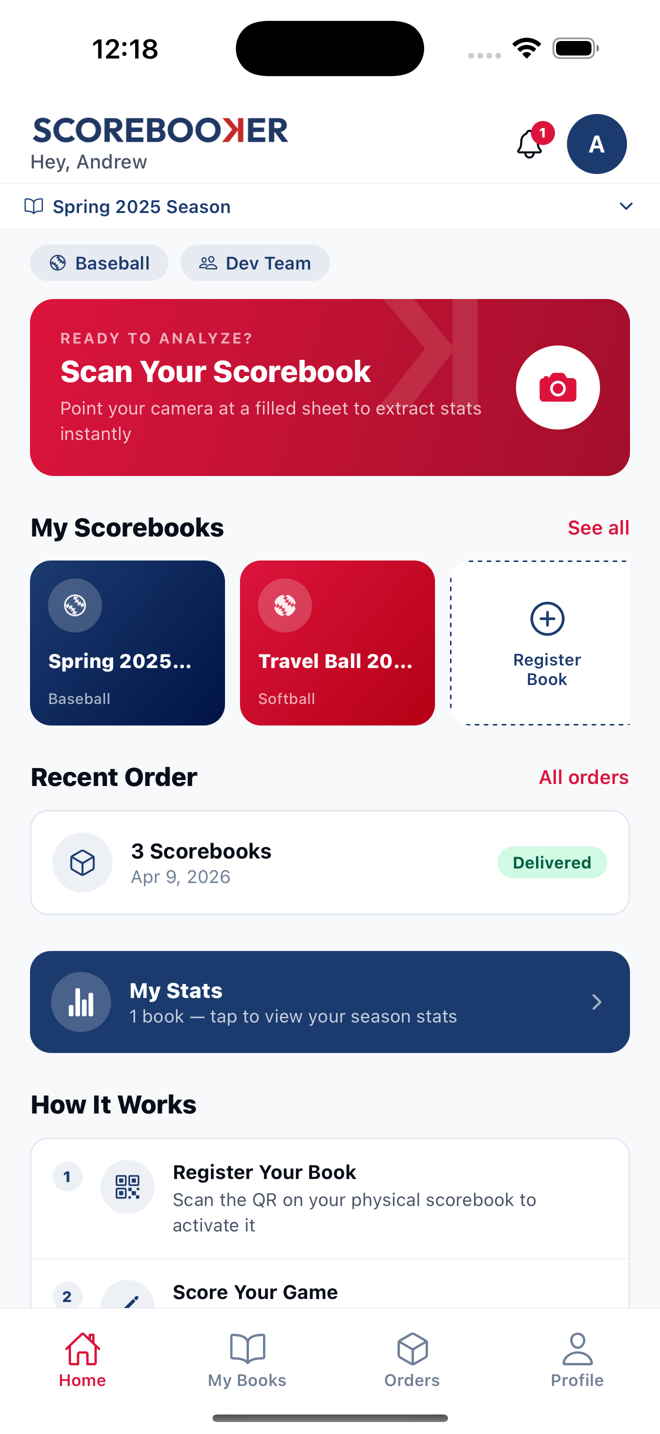 Scorebooker app home screen